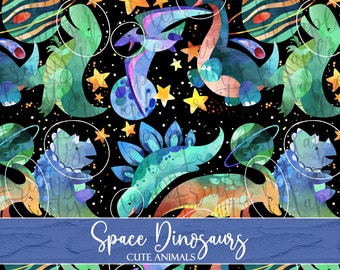 May include: A seamless pattern featuring watercolor dinosaurs in space. The dinosaurs are in various poses, some are in spacesuits, and some are flying through space. The background is a dark blue with stars and planets.