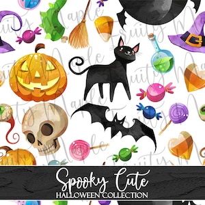 Spooky Cute Seamless Pattern, Halloween Digital Paper, Halloween Seamless Pattern Fabric, Watercolor Halloween Clipart INSTANT DOWNLOAD