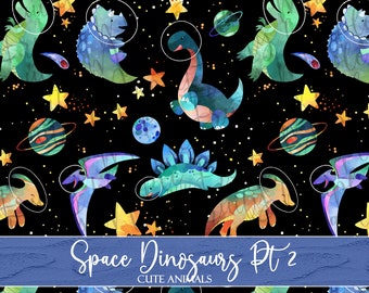 May include: A seamless pattern featuring colorful watercolor dinosaurs in space. The dinosaurs are wearing astronaut helmets and are surrounded by stars, planets, and comets. The pattern is perfect for fabric, wallpaper, or wrapping paper.