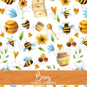 Bees Seamless Pattern, Bee Digital Paper, Bee Scrapbook Paper, Bee Fabric Pattern Download, Honeycomb Clipart Pattern, Watercolor Honey Bee