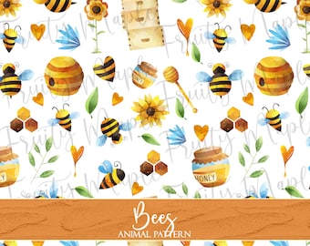 Bijen naadloos patroon, bij digitaal papier, bij scrapbook papier, bijen stof patroon download, honingraat clipart patroon, aquarel honing bij