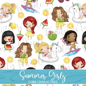 May include: A seamless pattern featuring cute cartoon girls in various summer activities. The girls are wearing colorful outfits and enjoying activities like surfing, riding a unicorn float, and eating watermelon. The background is white with lemons, watermelons, and other summer-themed elements.