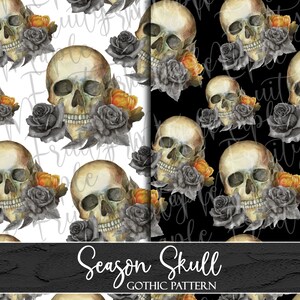 Gothic Schädel nahtlose Muster, Schädel Digitalpapier, schwarze Rose nahtlose Muster, Halloween Clipart, Goth Stoff Muster INSTANT DOWNLOAD