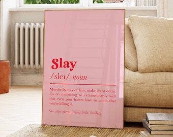 slay Definition Zitat Druck | lustiger feministischer Druck | pinke trendige adrette Typografie | Uni Wohnheim Dekor | Geschenk für beste Freundin | bestie