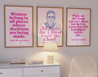 Conjunto de 3 impresiones de cita feminista RBG / Arte de pared de Ruth Bader Ginsburg / impresión del día internacional de la mujer / impresión de feminismo / decoración universitaria rosa