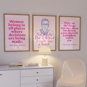 Set of 3 RBG Feminist Quote Prints | Ruth Bader Ginsburg Wall Art | international women&#39;s day print | feminism print | pink college decor