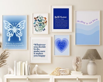 Set of 6 self love quotes and daily affirmations for girls print | trendy blue aura print | therapist office | social worker print | dorm