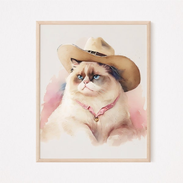 Cowboy ragdoll kitten watercolor portrait wall art | cowgirl cat | western cat print | fur mama print | pink cowgirl dorm | cat lover gift