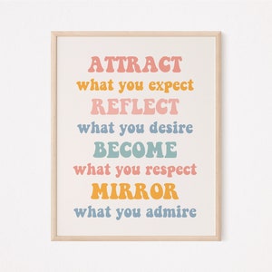May include: A motivational quote in a colourful retro font style. The quote reads: "ATTRACT what you expect REFLECT what you desire BECOME what you respect MIRROR what you admire."