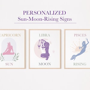 Personalized Sun Moon Rising Print, Nordic Pastel astrology, Custom Sun Moon Rising Sign, Custom Zodiac Sign Print, Sun Moon Rising Wall Art