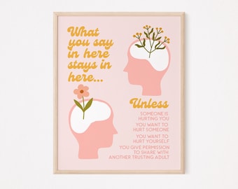 Può includere: Un poster stampabile rosa e giallo con due illustrazioni di teste con fiori che crescono da esse. Il testo dice "Quello che dici qui rimane qui... A meno che qualcuno non ti stia facendo del male, vuoi fare del male a qualcuno, vuoi farti del male, dai il permesso di condividere con un altro adulto di fiducia."