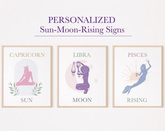 Personalized Sun Moon Rising Print, Nordic Pastel astrology, Custom Sun Moon Rising Sign, Custom Zodiac Sign Print, Sun Moon Rising Wall Art
