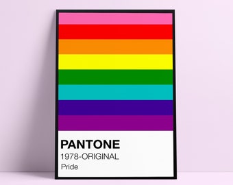 May include: A black framed poster with the Pantone color swatch for the rainbow flag. The poster reads "Pantone 1978-ORIGINAL Pride".