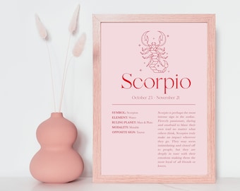 Scorpio Print, Zodiac Sign Print, Astrology Print, Zodiac Astrology, Horoscope, Pink Scorpio, Pink Zodiac Astrology, Scorpio Woman, Scorpion