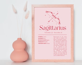 Sagittarius Print, Zodiac Sign Print, Astrology Print, Zodiac Astrology, Horoscope Pink Sagittarius, Pink Zodiac Astrology Sagittarius Woman