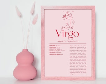 Virgo Print, Zodiac Sign Print, Astrology Print, Zodiac Astrology, Horoscope, Pink Virgo Print, Pink Zodiac Astrology, Virgo Woman, Sign