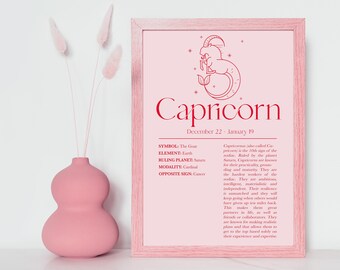 Capricorn Print, Zodiac Sign Print, Astrology Print, Zodiac Astrology, Horoscope, Pink Capricorn Print Pink Zodiac Astrology Capricorn Woman