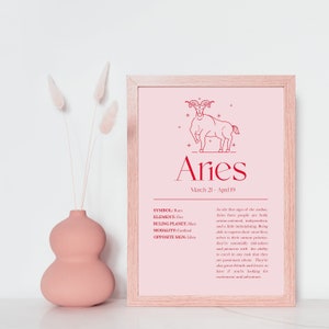 Impresión de Aries, Impresión de signo del zodiaco, Impresión de astrología, Astrología del zodiaco, Horóscopo, Impresión de Aries rosa, Astrología zodiacal rosa, Mujer de Aries, Regalo