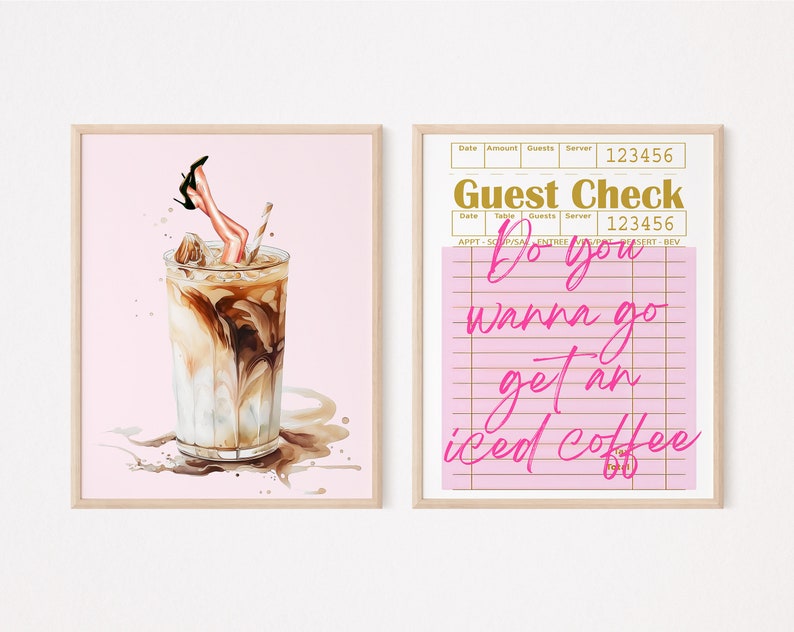 Coffee bar set of 2 prints iced coffee watercolor poster retro trendy coffee print preppy coffee iced latte print modern coffee image 2