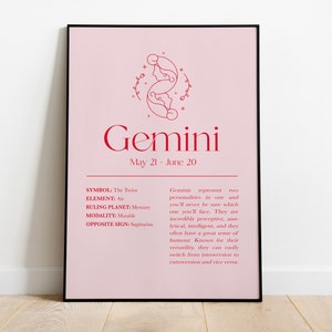 May include: A pink printable poster with a red outline of the Gemini zodiac symbol, the twins, and the text "Gemini" with the dates "May 21 - June 20". The poster also includes the text "SYMBOL: The Twins", "ELEMENT: Air", "RULING PLANET: Mercury", "MODALITY: Mutable", and "OPPOSITE SIGN: Sagittarius".