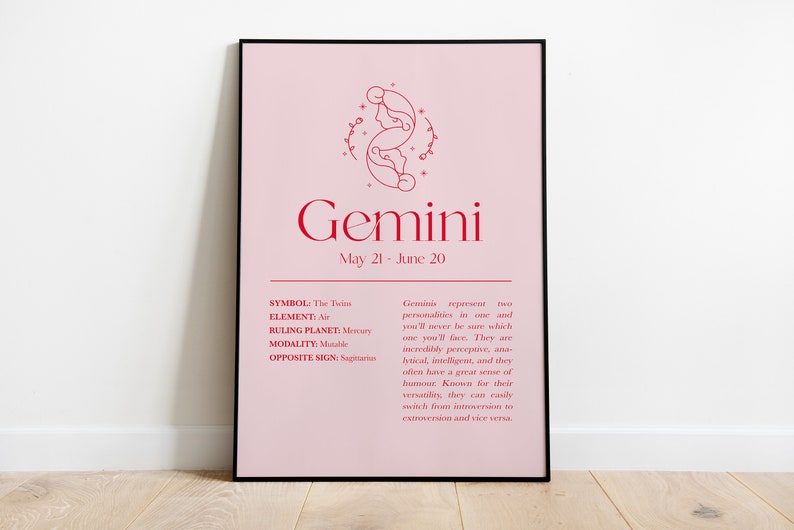 May include: A pink printable poster with a red outline of the Gemini zodiac symbol, the twins, and the text "Gemini" with the dates "May 21 - June 20". The poster also includes the text "SYMBOL: The Twins", "ELEMENT: Air", "RULING PLANET: Mercury", "MODALITY: Mutable", and "OPPOSITE SIGN: Sagittarius".