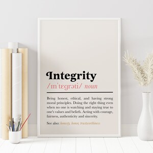 May include: A printable poster with a beige background and black text. The poster defines the word "Integrity" with a pronunciation guide and a definition. The definition is: "Being honest, ethical, and having strong moral principles. Doing the right thing even when no one is watching and staying true to one's values and beliefs. Acting with courage, fairness, authenticity and sincerity. See also: honesty, honour, trustworthiness."