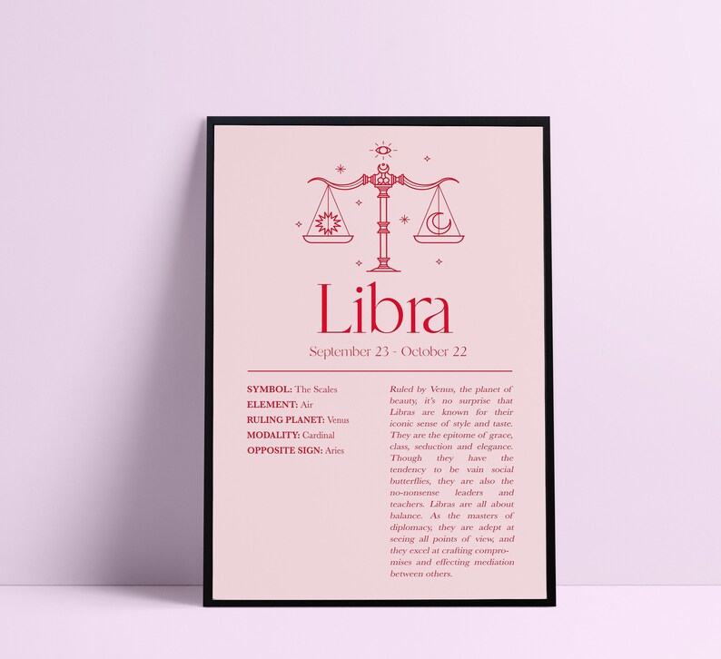 Libra Print, Zodiac Sign Print, Astrology Print, Zodiac Astrology, Horoscope, Pink Libra, Pink Zodiac Astrology, Libra Woman, Gift for Libra image 2