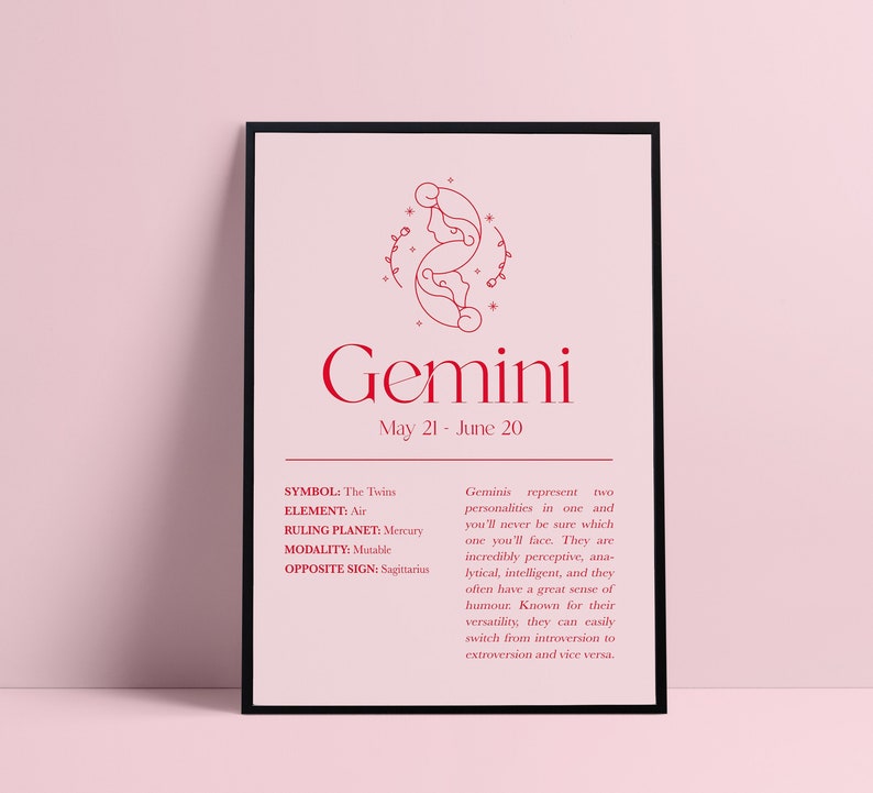 May include: A red and white printable poster with a red line drawing of the Gemini zodiac symbol. The poster includes the text "Gemini", "May 21 - June 20", "Symbol: The Twins", "Element: Air", "Ruling Planet: Mercury", "Modality: Mutable", "Opposite Sign: Sagittarius", and a description of the Gemini personality.