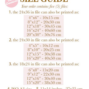 May include: A size guide with the text "SIZE GUIDE" and "Olive Creatives" logo. The guide lists print sizes in inches and centimeters, including 4"x6" (10x15 cm), 8"x12" (20x30 cm), and 12"x18" (30x45 cm).