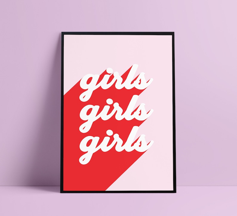 May include: A red and pink print with the word "girls" repeated three times in white text.