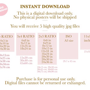 K&ouml;nnte beinhalten: Ein rosa-wei&szlig;es Poster f&uuml;r digitalen Download mit dem Text "INSTANT DOWNLOAD" in Braun. Das Poster listet verschiedene Gr&ouml;&szlig;en und Verh&auml;ltnisse f&uuml;r druckbare digitale Dateien auf, darunter 4x5, 3x4, 2x3, ISO A3 und 11x14 Zoll. Das Poster enth&auml;lt auch den Text "Der Kauf ist nur f&uuml;r den pers&ouml;nlichen Gebrauch bestimmt. Digitale Dateien k&ouml;nnen nicht zur&uuml;ckgegeben oder ausgetauscht werden."