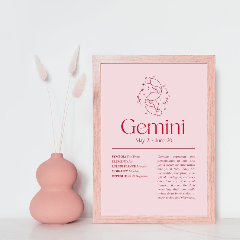 May include: A pink printable poster with a red outline of the Gemini zodiac symbol. The poster includes the text "Gemini", "May 21 - June 20", "Symbol: The Twins", "Element: Air", "Ruling Planet: Mercury", "Modality: Mutable", "Opposite Sign: Sagittarius", and a description of the Gemini zodiac sign.