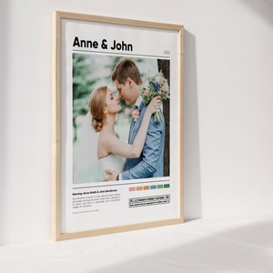 May include: A wedding poster with a photo of a couple kissing, the text "Anne & John" and the year "2022". The poster has a movie poster style with a color palette and a "PG-13 Parents Strongly Cautioned" rating.