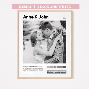 May include: Black and white wedding photo of a couple kissing, with the text "Anne & John" and "2022" above the photo. The text "Staming: Anne Smith & John Henderson" is below the photo, along with a parental advisory rating.