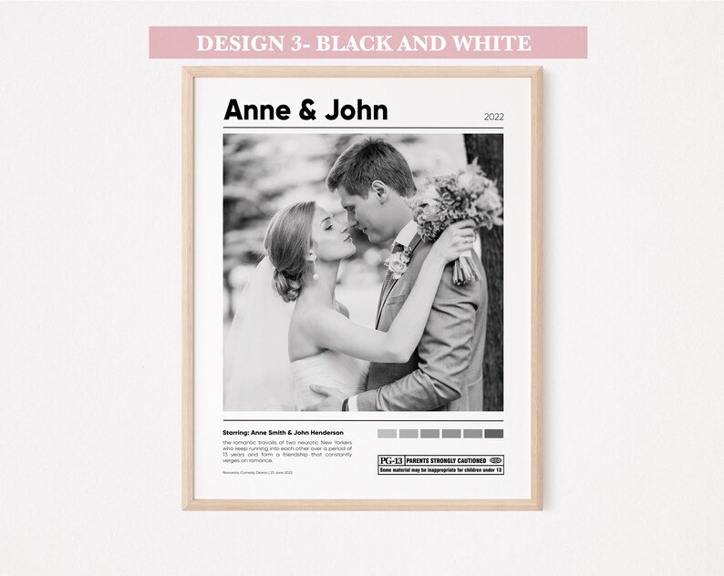 May include: Black and white wedding photo of a couple kissing, with the text "Anne & John" and "2022" above the photo. The text "Staming: Anne Smith & John Henderson" is below the photo, along with a parental advisory rating.