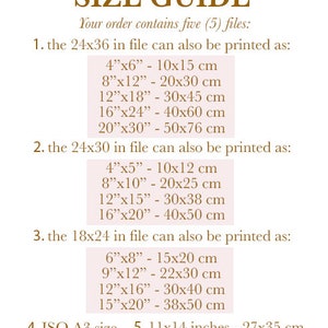 Peut inclure: Un guide des tailles pour les fichiers imprimables, montrant les diff&eacute;rentes tailles disponibles pour cinq fichiers. Les tailles sont indiqu&eacute;es en pouces et en centim&egrave;tres. Le guide comprend un fichier de 24x36 pouces, un fichier de 24x30 pouces, un fichier de 18x24 pouces, un format ISO A3 et un fichier de 11x14 pouces.