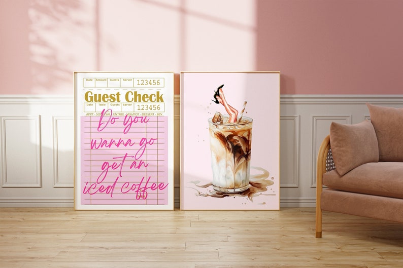 Coffee bar set of 2 prints iced coffee watercolor poster retro trendy coffee print preppy coffee iced latte print modern coffee image 1