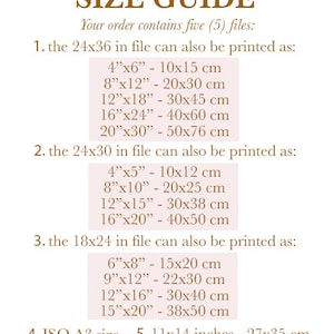 May include: A size guide for printable files, showing the different sizes available for five files. The sizes are listed in inches and centimeters. The guide includes a 24x36 inch file, a 24x30 inch file, an 18x24 inch file, an ISO A3 size, and a 11x14 inch file.