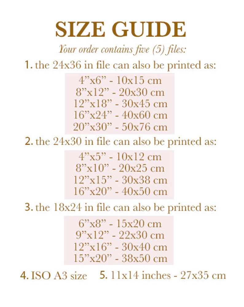 May include: A size guide for printable files, showing the different sizes available for five files. The sizes are listed in inches and centimeters. The guide includes a 24x36 inch file, a 24x30 inch file, an 18x24 inch file, an ISO A3 size, and a 11x14 inch file.