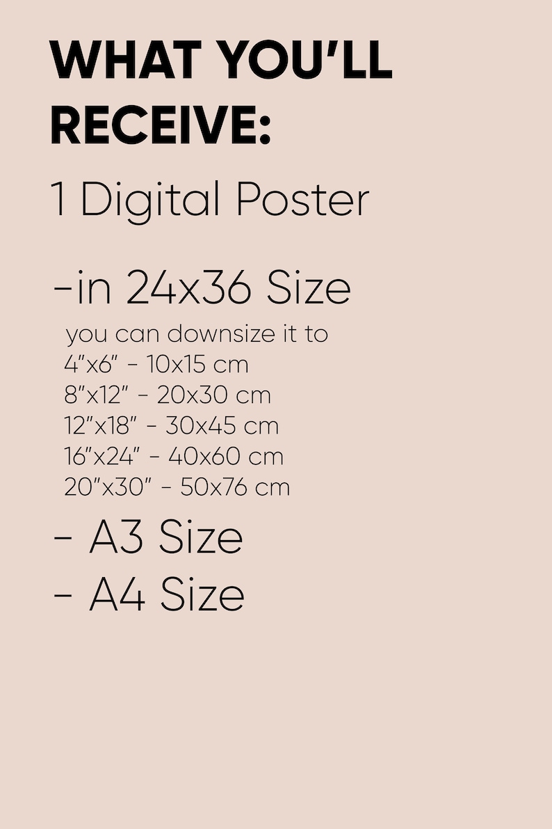 Może przedstawiać: Tekst na jasnor&oacute;żowym tle, kt&oacute;ry brzmi: "WHAT YOU'LL RECEIVE: 1 Digital Poster -in 24x36 Size you can downsize it to 4"x6" - 10x15 cm 8"x12" - 20x30 cm 12"x18" - 30x45 cm 16"x24" - 40x60 cm 20"x30" - 50x76 cm - A3 Size - A4 Size"