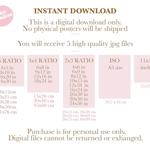 Puede incluir: Un p&oacute;ster de descarga digital con opciones de tama&ntilde;o en pulgadas y cent&iacute;metros. El p&oacute;ster incluye el texto "DESCARGA INSTANT&Aacute;NEA" y "Recibir&aacute;s 5 archivos jpg de alta calidad". La imagen tambi&eacute;n enumera varias relaciones de aspecto.