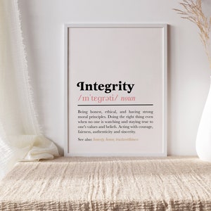 May include: A white framed print with the word "Integrity" in black text and a definition in smaller black text. The definition is: "Being honest, ethical, and having strong moral principles. Doing the right thing even when no one is watching and staying true to one's values and beliefs. Acting with courage, fairness, authenticity and sincerity. See also: honesty, honour, trustworthiness."