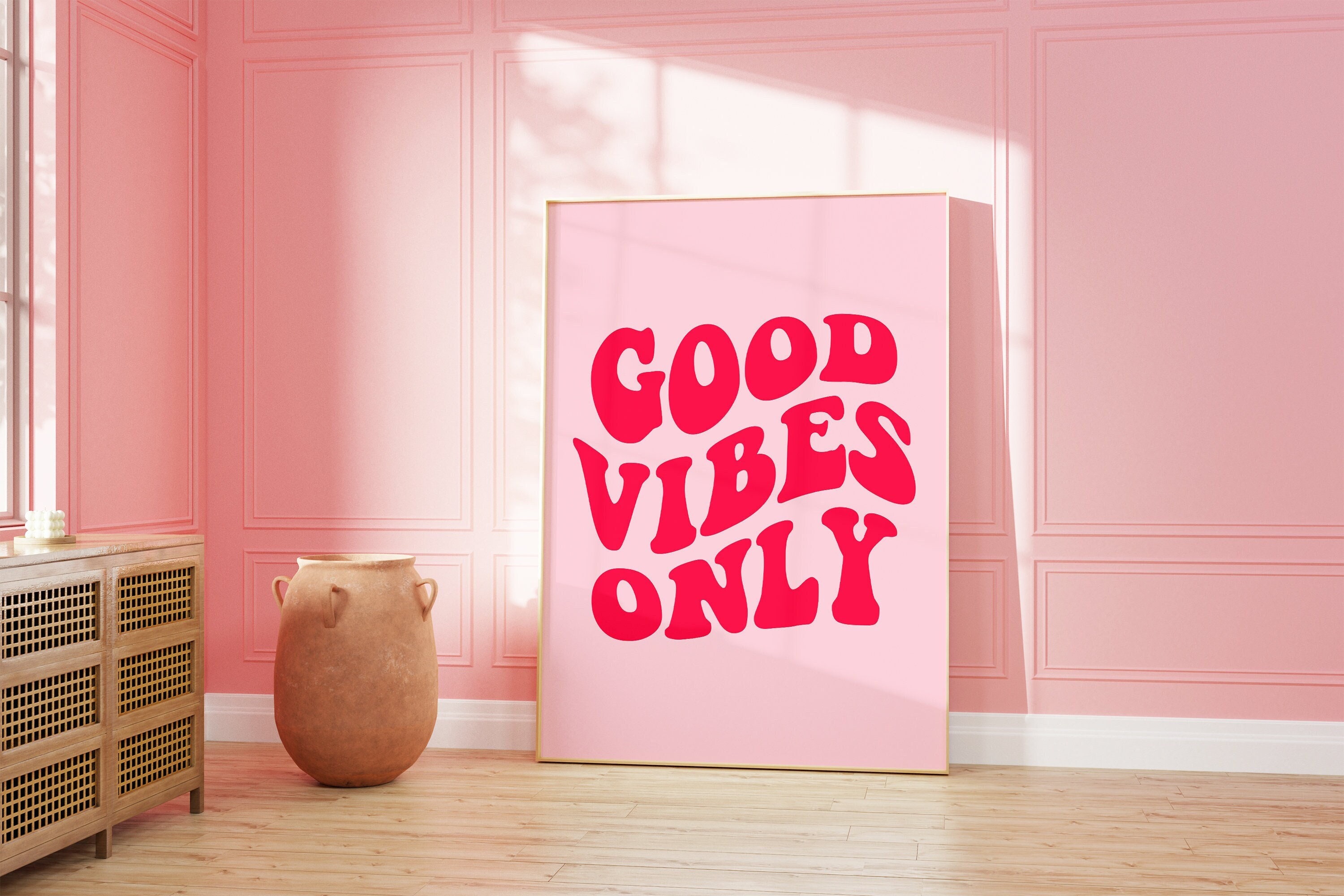 Good Vibes Only Print | Preppy Trendy Pink Wall Art | Pink College