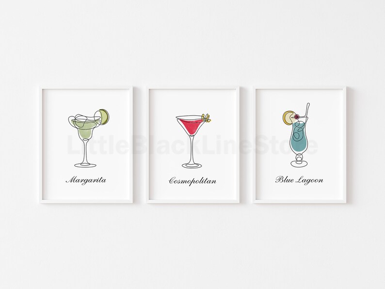 Gift for Her Cocktail One Line Drawing Set of 3 Cocktail Print Kitchen Decor Cocktail Line Art Bar Decor Set of 3 Kitchen Posters