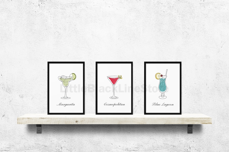 Gift for Her Cocktail One Line Drawing Set of 3 Cocktail Print Kitchen Decor Cocktail Line Art Bar Decor Set of 3 Kitchen Posters