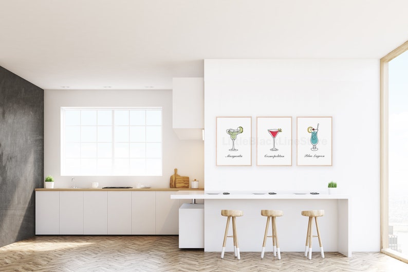 Gift for Her Cocktail One Line Drawing Set of 3 Cocktail Print Kitchen Decor Cocktail Line Art Bar Decor Set of 3 Kitchen Posters