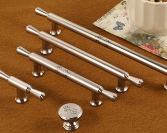 French silver dresser handles Minimalist Drawer Pulls Custom Engraved Cabinet handle Kitchen single hole knobs Door pulls Furniture Hardware