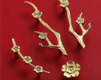 Solid Brass Knobs cupboard drawer pulls Flower wardrobe Knob Cabinet Knobs Plum Blossom Branch handles Modern Drawer Knob