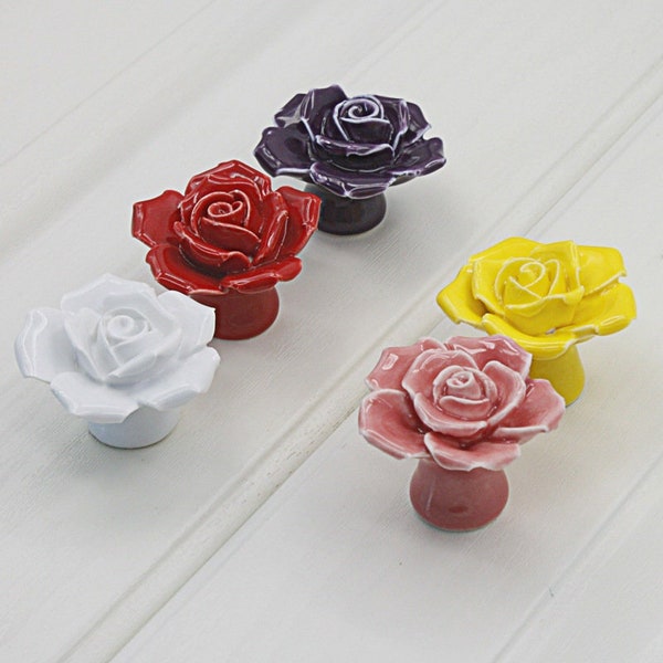 Rose Ceramic drawer knobs ceramic colorful Flower dresser pulls wardrobe cupboard knobs Nursery room decorations shoe cabinet handles pulls