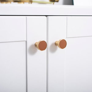 Cowhide Brass Handle Nordic Minimalist Color Drawer Round Knob,Leather pulls for Cabinet,Leather Knobs nursery room, brass drawer Knob image 6